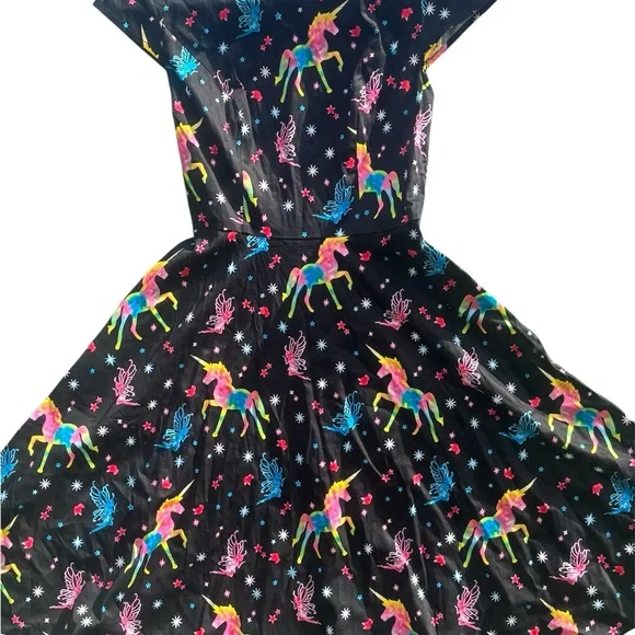 EUC Rockabilly Pin Up Pukavt Rainbow Unicorn Novelty Print Dress Size Small - Picture 3 of 8